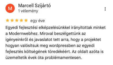 Szijártó Marcell ötcsillagos Google értékelése a ModernWebről