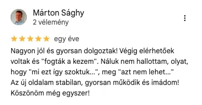 Sághy Márton ötcsillagos Google értékelése a ModernWebről